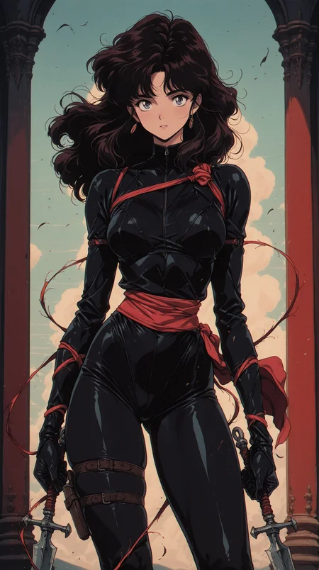 1girl, tight-fitting black assassin outfit, hidden blades, thigh holster, red silk sash trailing in the wind, poisoned dagger masterpiece, best quality, amazing quality, very aesthetic, absurdres, detailed eyes, newest, <lora:PinkieRetroAnimeIL:1>, pinkretroanime, retro art,