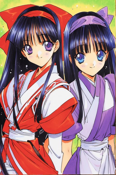 NakoRuru,Rera,2girls,multiple girls,dual persona,red bow,bow,long hair,ainu clothes,purple hair,hair bow,purple eyes,purple clothes,purple bow,black hair,hairband,gloves,smile,1990s (style),fingerless gloves,blue eyes,red clothes,retro artstyle,traditional media,<lora:Aoi Nanase_XL:0.9>,