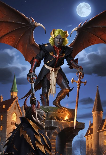 Masterpiece, best quality, amazing quality, absurdres, highly detailed, very aesthetic, fantasy, classicfantasy, classicfantasy art, Devil Trigger, monster form, monster, wings, horns, black skin,l, amber glow, claws, fangs, holding weapon, medieval, castle, night,