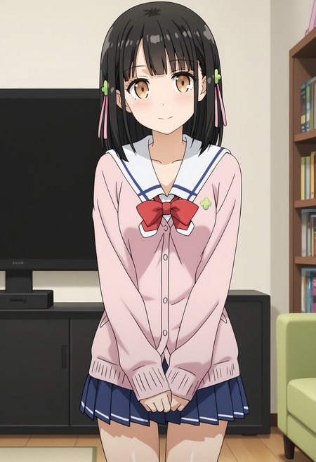 anime screencap,
<lora:OneRoom_HanasakaYuiXL:0.9>, HanasakaYui,
1girl, solo, closed mouth, light smile, head tilt,
medium hair, black hair, blunt bangs, brown eyes, clover hair ornament, hair ribbon,
YuiSchool, white sailor collar, pink cardigan, four-leaf clover, red bow, long sleeves, pleated skirt, blue skirt,
thigh gap, cowboy shot, standing, looking at viewer,
television, couch, bookshelf, indoors