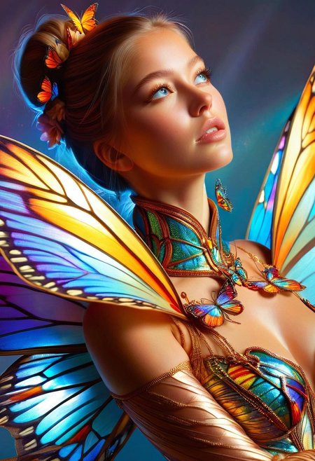 A hyper-realistic portrait of a young woman's upper body, adorned in a mesmerizing butterfly-inspired outfit, with delicate wings and iridescent colors dancing across her torso, soft natural light illuminating her face and outfit, warm golden hues and gentle shadows, in the style of a high-fashion digital painting, with an intimate, slightly overhead camera angle and a shallow depth of field, emphasizing the intricate details of her outfit and the subtle textures of her skin.
