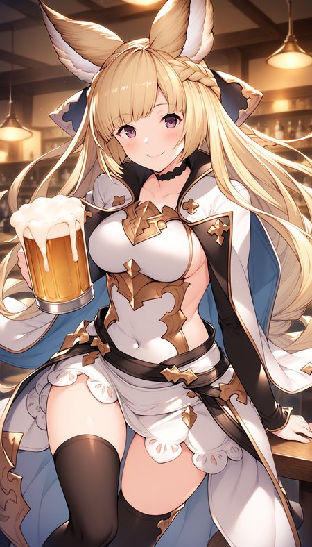 score_9, score_8_up, score_7_up, source_anime BREAK, 
masterpiece, hd, best quality, official art, official style, anime_cap, game cg, megami magazine,
1girl, yuisis \(granblue fantasy\), granblue fantasy, gbfyuisis, blonde hair, long hair, braid, bangs, animal ears, erune, purple eyes,
black ribbon, black choker,
white short dress, breastplate, sideboob, covered navel, black thighhighs, coat, cape,
medium breasts, blush, temptation, lewd, smile,
pub, table, dinner, holding a beer mug, solo,
<lora:lora_yuisisv10v1B2_sdxl:1>