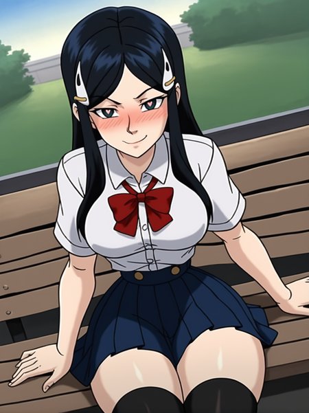score_9,, 
1girl sitting in a bench, hands on thighs, long black hair, school uniform, skirt, black thighhighs, cute hair ornament, bright pupils, blush, medium breasts, narrow waist, wide hips, thick thighs, looking at viewer, cowboy shot, dynamic pose, cute, wide shot, solo, sexually suggestive, naughty face, blush, dutch angle, 
XmenEvo, flat color, official style, cartoon style, <lora:AXmenEvolutionXL_Style:1>