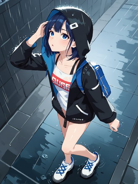 score_9, score_8_up, score_7_up, source_anime, BREAK
1girl, solo, <lora:TokyoStories_Suzu_Pony_v1:0.9>, tokyo streets, dark, (blue hue, blue tone mapping, rainy, heavy rain:1.5), (full body, wide shot:1.3), short hair, bangs, blue hair, blue eyes, white shirt, closed black jacket, black zipper, blue backpack,  (looking up at viewer:1.5), hood up, white sneakers, bare legs, parted lips, (walking:1), dutch angle, (from above:1.8), (melancholic, thoughtful:1.5), (from side:1.5), (pov:1.3), (closeup:2), holding backpack straps, (adjusting hair:1)