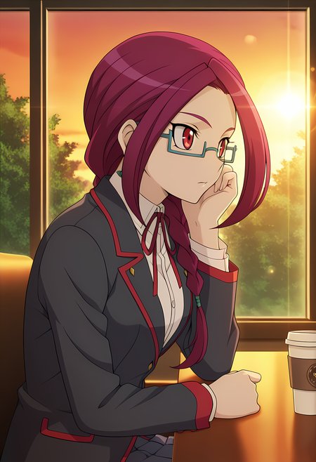 masterpiece,best quality,amazing quality,

1girl, solo, face focus,

Maki Nagashiro (Cardfight Vanguard), purple hair, long hair, single braid, red eyes, glasses, semi-rimless eyewear, school uniform, jewelry, earrings,  neck ribbon, white shirt, blazer, long sleeves, pleated skirt,  white socks, shoes, black footwear,

cinematic, upper body, drinking coffee cup, 

Sit, sitting, glass, cafe, greenery, 

afternoon, sunset, 

Lens flare, bloom,

Official style, anime screencap, anime coloring,
















