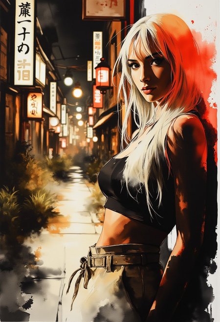 in the style of ck-mgs, nistyle, , ArsMJStyle, Expressive Watercolor Ink Wash, Inkplash art on rice paper, sepia, henna, Silhouette Art, magnificent, inksplash closeup portrait of stunning japanese woman, long loose platinum hair, bangs, crop top, leaning against a neon sign on a traditional Japanese street, night, neon signs, bokeh
