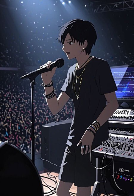Highres, Masterpiece, High Quality, 4K, 8K, solo, 1Boy, Takaki Toono, adult, black hair, short hair, idol, singing, big stage, spotlight, virtual concert, microphone, cable, musical instrument, speaker, equalizer, synth, enthusiast, necklace, bracelet, ring, watch, anklet, earrings, easynegative, detailed_eye_model