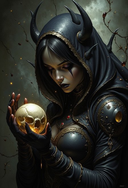ArsMJStyle, dnddarkestfantasy, Dark Moody Atmosphere, Avant-garde, painting, evil, unsettling, best quality, masterpiece (Luis Royo style drawing), detailed face, face in sharp focus and intricate detail, extremely detailed, great lighting, BREAK, intricate details, Mystical light. Fog. female oriental necromancer mage, evil and mystical, with spiky robes that seem made of black cloth with golden stitches. a ball in one hand and mysterious beast skull in another hand, Rubies, symbolizing their magical power. Glow. alchemical laboratory, blending the natural with the magical, Soft natural lighting, High Definition HD, High Detail, Perfect Composition, dark fantasy movie