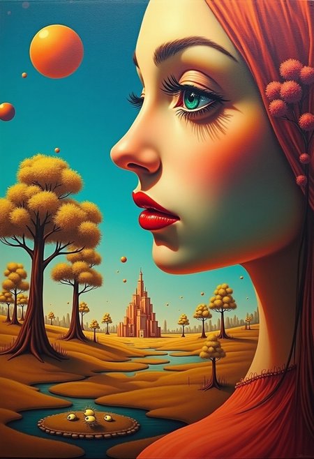 Surrealist masterpiece. Medium shot. A woman's profile in a fantastical landscape with levitating objects. Close up. Vibrant Salvador Dali-inspired oil painting with bold brushstrokes. Soft, melting buildings in the background. Trees with eyes. Warm golden light with an ethereal glow. Soft focus, dreamlike atmosphere, hyper-realistic, detailed textures, 128k resolution, best quality, oil on canvas, vibrant colors, eerie, mystical, abstract realism.