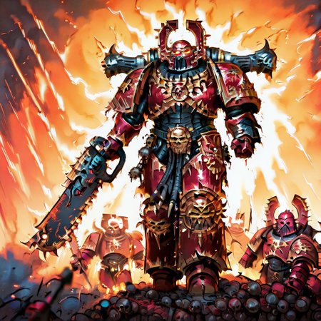 Score_9_up, absurdres, Source: GamesWorkshop, best quality, expressive eyes, perfect face, space marine, World Eaters Traitor Astartes Chapter Exalted Eightbound Berserker holding a chainsword, red armor, spiked horned astartes helmet, full body, volumetric lighting project unreal engine, mantisdetailerse, <lora:warhammerAdeptus_v1:0.7>,