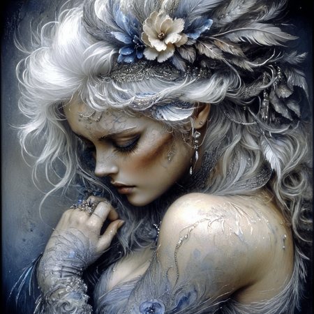 <lora:Ethereal_Gothic_EleganceSDXL:1> Ethereal Gothic Elegance, The image is a close-up portrait of a woman's face and upper body. She appears to be in a contemplative pose with her eyes closed and her head tilted downwards. Her hair is styled in a dramatic and voluminous manner with loose curls cascading down her back. She is wearing a feathered headpiece with a flower in the center which is made up of multiple layers of feathers and beads. The feathers are a mix of white gray and blue creating a dreamy and ethereal atmosphere. The woman's skin is pale and her face is painted with a soft dreamy expression. The background is dark making the woman's features stand out even more. The overall mood of the image is mysterious and eternally melancholic., 1girl, solo, ring, flower, hair ornament, jewelry, white hair, closed eyes, hair flower, realistic