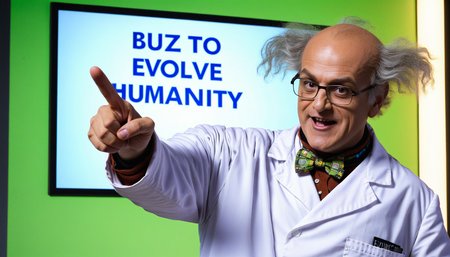 a mad scientist pointing to a sign that says "buzz to evolve humanity"