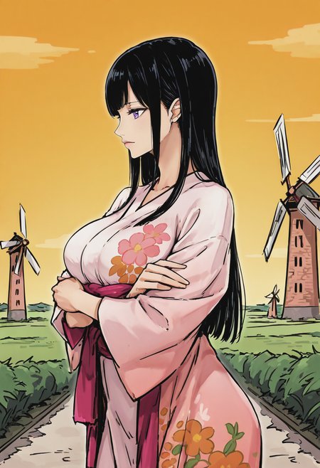 score_9, score_8_up, score_7_up, source_anime, 1girl, large_breasts, mature_female, solo, looking_at_viewer, open_eyes, Posing with arms folded, vanishing_point, Pink layered kimono, straight hair, feather-cut, salt-and-pepper hair, windmill, group_profile, rating_safe, <lora:Illustrous\shellmaru:0.9>