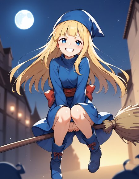 <lora:witchP123_SDXL_pony_fp16_v13:1>,witchP123,long hair,blonde hair,blunt bangs,blue eyes,blue hat,blue dress, blue boots, red sash,long sleeve, grin,cheek-to-cheek , <lora:Broom_Riding_PONY_XL:0.6>,broom riding,broomriding ,night sky, moon, blurry,, score_9, score_8_up, score_7_up, BREAK source_anime, rating_questionable, best quality, masterpiece, uncensored,[pony diffusion V6 is trained by PurpleSmartAI:100]
