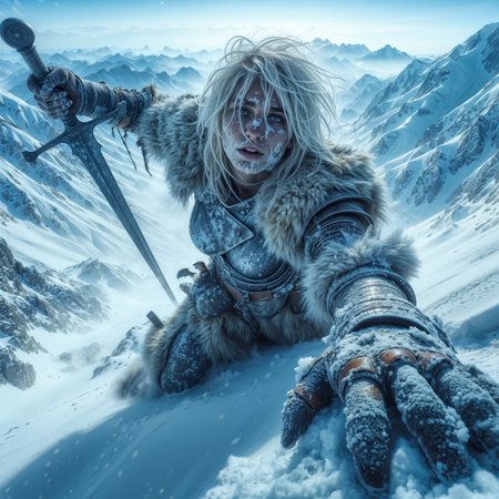 High-fantasy, action-adventure style image featuring a warrior in a snowy mountain landscape. The layout is dynamic, with the subject positioned in the foreground, reaching out towards the viewer. The warrior has long, messy blonde hair, pale skin, and a determined expression with piercing blue eyes. They are clad in heavy, fur-lined armor, which is detailed with intricate patterns and covered in snow. The warrior grips a large, ornate sword in one hand, while the other hand is extended forward, fingers splayed in the snow. The background showcases a vast expanse of snow-covered mountains under a clear blue sky, adding to the epic and harsh atmosphere of the scene.