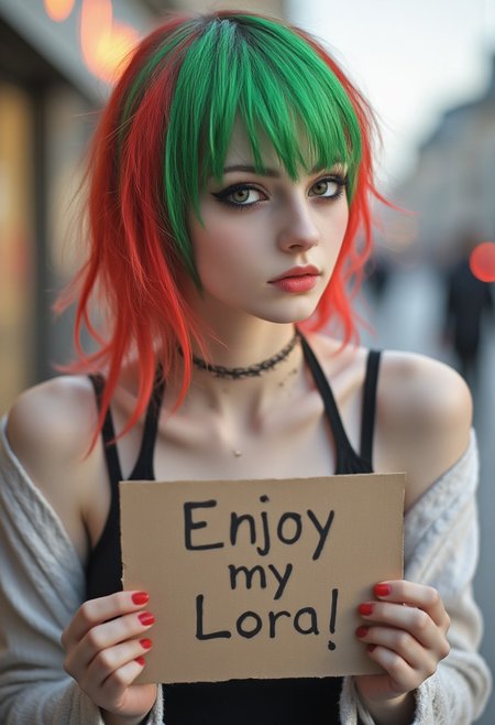 FictionalQuartz, emo girl with green and red hair. Holding a sign saying "Enjoy my Lora"