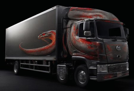 (masterpiece, best quality), highly detailed, ultra-detailed, (night), (city highway), (large truck), (truck bed side:1.3), (japanese tattoo style:1.4), (evil snake:1.5), (serpent scales), (detailed scales), (snake fangs), (glowing red eyes), (menacing), (dark color scheme), (headlights on), (streetlights:1.2), (motion blur:0.8), (high speed), (asphalt road), (reflections), (night atmosphere),Japanese truck