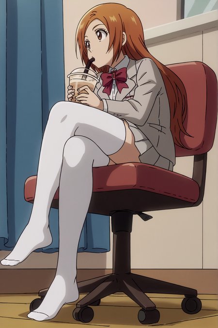 score_9, score_8_up, score_7_up,anime_source, source_anime, best background, detailed background, anime screencap,  Orihime Inoue, blazer, bow, bowtie, chair, drinking, bubble tea, general, indoors, jacket, no shoes, pleated skirt, red bow, red bowtie, school uniform, sitting, skirt, solo, thighhighs, white thighhighs, crossed legs, from below,  <lora:JN_Orihime_Inoue_Pony:0.8>