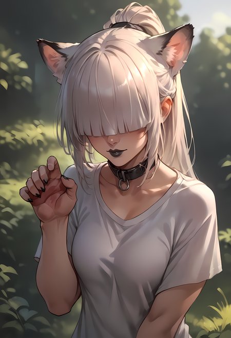 zPDXL, hi res
BREAK 1girl, catgirl, white hair, messy hair, hair covering eyes, hair over eyes, ponytail, blunt bangs, black lipstick, outside, sunlight, playing, joy, collar, petting, paw pose,
<lora:scoreSlider_ponyXL_v10:1> <lora:polki_ponyXL_v10:0.8>