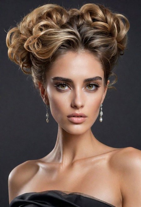 A detailed portrait of a young woman exuding elegance and natural grace. She has a voluminous updo hairstyle with wisps of hair tenderly framing her face. Her hazel eyes are accentuated by tasteful makeup, s. She wears a high-necked black top, suggesting a blend of casual refinement. The lighting should illuminate her face against a subdued background, emphasizing her calm and confident expression. High Fashion, dynamic, dramatic, elegant, High fashion supermodel, avant garde style
fFaceDetaile