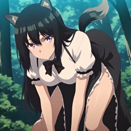 solo,anime coloring,looking at viewer,masterpiece,high score,great score,absurdres,<lora:Mira ag4o:1> mirachar, black hair, long hair, animal ears, purple eyes,tail,black skirt,in forest,