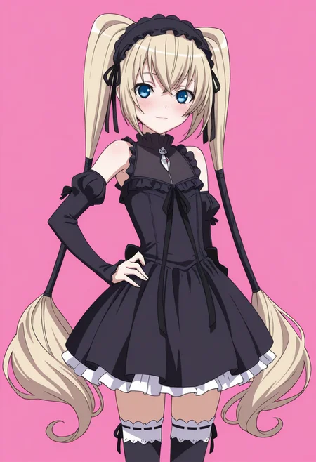 masterpiece, best quality,
1girl, solo, cowboy shot,
standing, hand on own hips,
looking at viewer, blush, light smile,
<lora:Ekaterina_Kurae:1> 3k4t3r1n4K0r43, twintails, very long hair, blue eyes, blonde hair, 
thighhighs, zettai ryouiki, hairband, black dress, bare shoulders, detached sleeves, 
pink background, simple background,