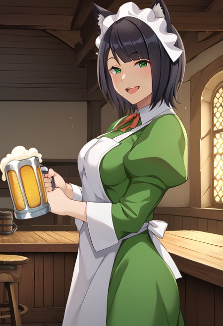 Chloe_Rollo, black hair, medium hair, cat ears, green eyes, hostess maid uniform, green dress, whte apron, puffy sleeves, maid headdress, neck ribbon, , BREAK indoors, medieval, tavern, BREAK looking at viewer, sexy face, sexy smile, open mouth, cowboy shot, standing, medieval beer mug, from side, looking at side,  BREAK score_9, score_8_up, score_7_up, source_anime ,zPDXL, perfect hand,  <lora:Chloe_Rollo:0.8>