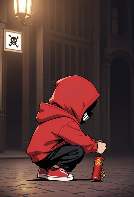 high contrast, masterpiece, best quality, amazing quality, very aesthetic, promotional art, newest, volumetric lighting, hyper detailed.
chibi, 1boy, child, solo, wide shot, malicious smile, squat, red hoodies, holding firecracker, Jolly Roger, loose pants, black pants, red sneakers, black pant, paris street.