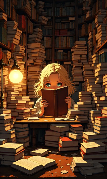 A dramatic and whimsical scene filled with stacks and piles of old and modern books  â some open, some closed, their pages fanned out or cascading gently. The books are arranged on a wooden desk and floor in a cozy, softly lit study lined with bookshelves. Between these stacks, the head of a young girl , around 16 years old, emerges. She has long golden-blonde hair  that spills over her shoulders and bright blue eyes  full of curiosity and quiet mischief. Her face is partially hidden by a large open book she holds in one hand, as if sheâs been caught reading when she should be doing something else. She looks directly into the camera with a soft, knowing smile. The lighting is warm and diffused, coming from an old table lamp casting soft shadows and highlighting the texture of the paper, leather-bound covers, and fine strands of her hair. The atmosphere is dreamy yet grounded , blending realism with a touch of storytelling magic â perfect for editorial, literary, or fantasy-inspired imagery.
j_art, j_anime, <lora:FLUX\jul\J_Anime:1.0>