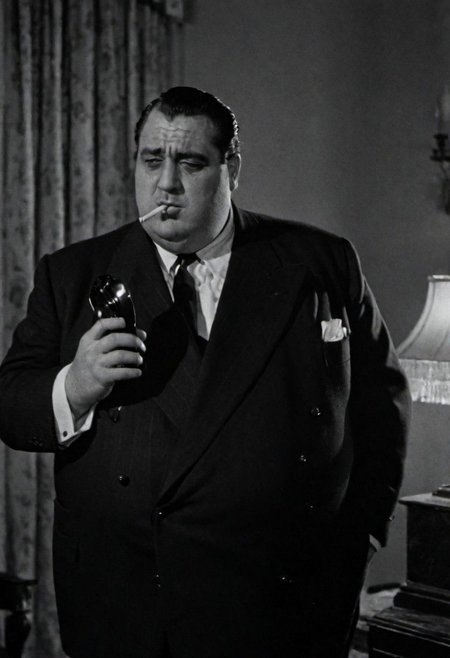 In 1950s Chicago, inside a luxurious mansion, the mafia boss, a fat man in a suit, smokes a fan while talking on the phone. Captured with a 35 mm camera, black and white, classic film noir film.