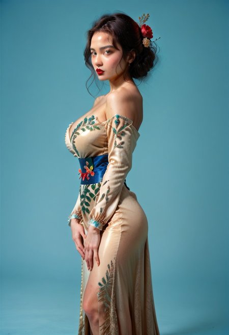 score_9, score_8_up, score_7_up,
JDMAI_ARIEL_SARI, JDMAI_KEBAYA, pureerosface_v1, 
tight long red kebaya dress, long sleeves, deep neckline, bare shoulders, flower hairpin, decorated sash, brocade decoration, sequin decoration, 
(dynamic lighting), (dynamic shadow), 4k, HD, Hi res, cinematic masterpiece, photographic masterpiece, 
contrapposto pose, zoomed in, bust shot, side view, hands on stomach, 
beautiful make-up, glossy lips, red lips, blushing, 40GG cup Breasts, massive breasts size, natural breasts shape, narrow waist, wide hips, round ass, thick thighs, thigh gap, barefoot, 
(simple turquoise background), (blurry background), (sharp focus on object),