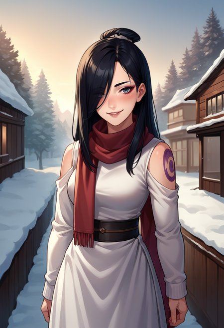 score_9, score_8_up, source_anime, 1girl, solo, JuneAvatar, makeup, shoulder tattoo, black hair, hair over one eye, long hair, topknot, turtleneck sweater, long skirt, outdoors, scarf, winter, smile, blush, shoulder cutout, <lora:ChamJunePonyXL:1>