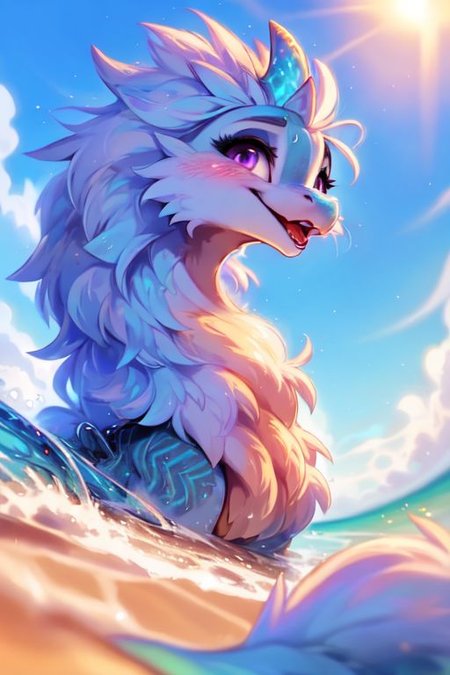 award winning photography, wildlife photography,
((extreme close-up)), purple eyes, sisu, (dragon face), dragon, asian dragon, cute-fine-face, highly detailed face, looking at viewer,
(furry chest), (detailed and extremely fluffy body fur), (((reflective eyes))), 
cute, young, blushing, (glossy fur), (iridescent fur), fluffy mane, ((short neck)), (small head:0.5),  fangs, 
sitting, happy, low angle,
uploaded on e621, by ulitochka, by castitas, by dagasi,
<lora:sisu:0.7>,   mane, (short tail), long body, horn,
<lora:FurryCore:0.5>,
<lora:dragon:0.5>,
at the beach, sunshine, volumetric lighting,
(ambient light on the body), Ray tracing,
cinematic composition, concept art, highly detailed, 
((masterpiece)), best quality, realistic, intricate, (high detail:1.2), 
film photography, sharp focus,