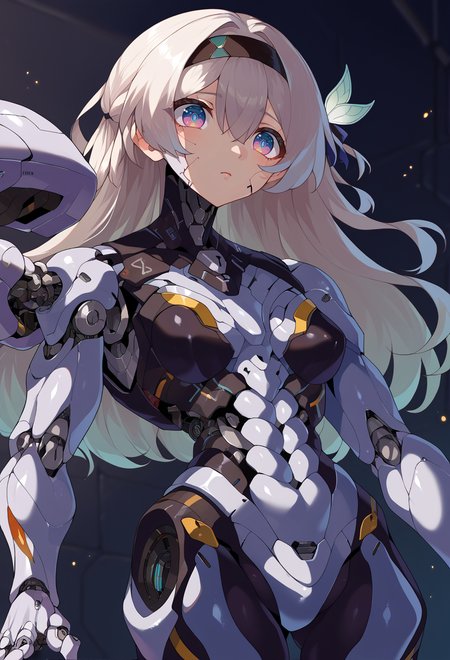 score_9, score_7_up, source_anime, BREAK  <lora:yunimaru_style:1> yunimaru, science fiction, cyborg, mechanical parts, mechanical arms, joints,  <lora:ChamFireflyV2PonyXL:1> FireflyHSR, blue pupils, long hair, black hairband, hair ornament, SAM,