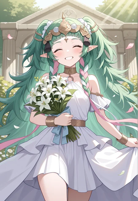 1girl, long hair, messy hair, green hair, green eyes, pointy ears, braid, multicolored braid, crown, jewelry, ancient greek clothes, choker, o-ring, solo, cowboy shot, bracelet, holding bouquet, smile, teeth, closed eyes, outdoors, garden, greek temple, wind, petals, dappled sunlight,  <lora:sothis_illus:1>, masterpiece, best quality, amazing quality, very aesthetic, absurdres, highres, newest