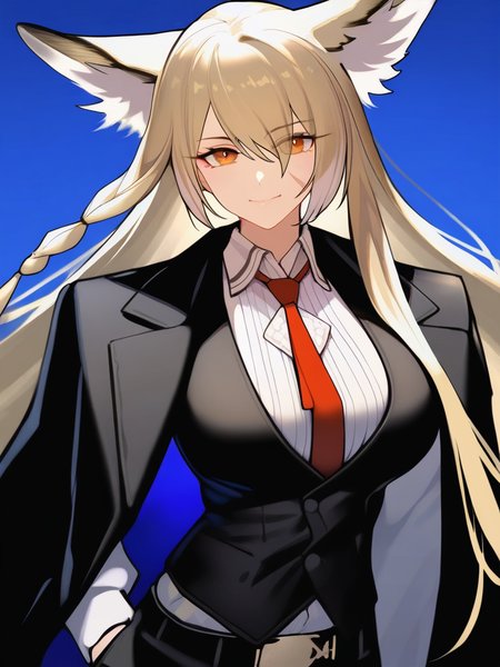 masterpiece, best quality, very aesthetic, highres, absurdres,(miurahha, bacius, ririko \(fhnngririko\):0.4), <lora:vulpisfoglia:1>,collared shirt, black vest, suit, black jacket, looking at viewer, black pants, belt, scar, vulpisfoglia (arknights), formal, white shirt, black coat, solo, red necktie, animal ear fluff, blue background, coat on shoulders, 1girl, smile, long sleeves, upper body, closed mouth