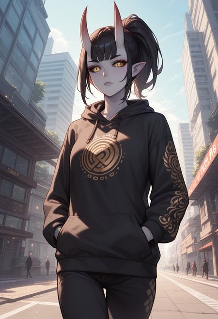 score_9, score_8_up, score_7_up, score_6_up, rating_questionable, 1girl, Polly, PollyRH, oni horns, pointy ears, colored sclera, third eye, black sclera, slit pupils, grey skin, long black hair, ponytail, gold eyes, HD32k, dynamic pose, aesthetic, perspective, solo, detailed, sensual look,  walking, black print hoodie, pants, city, angle shot, hands on pockets, looking away, pensive