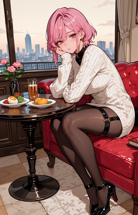 <lora:ShiratoriAiraCYQL:1>,ShiratoriAiraCYQL,1girl,solo,short hair,pink hair,pink eyes,
couch,breasts,skyscraper,building,pantyhose,table,sitting,cityscape,window,indoors,largebreasts,cup,lookingatviewer,city,oncouch,scenery,longsleeves,jacket,sky,book,bottle,chair,highheels,food,thighstrap,flower,crossedlegs,drinkingglass,jewelry,blackfootwear,closedmouth,sweater,clock,shirt,blackpantyhose,fullbody,plant,,
BREAK
<lora:ponyv4_noob1_2_adamW:0.7>,<lora:spo_sdxl_10ep_4k-data_lora_webui:0.6>,<lora:USNR STYLE_XL_loha:0.45>,<lora:748cmSDXL:1>,usnr,748cmstyle,
perfect quality,high quality,masterpiece,best quality,amazing quality,very aesthetic,absurdres,newest,