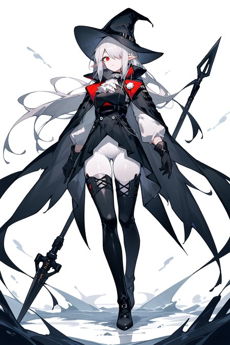 (score_9,score_8_up,score_7_up),<lora:Gladiia(Arknights)-v1-000008:0.6>,Gladiia(Arknights),1girl,white ascot,weapon,polearm,white pants,white background,holding weapon,boots,holding,ascot,solo,thighhighs,black footwear,simple background,hat,holding polearm,tight pants,black headwear,long hair,tight,red eyes,dress,full body,thigh boots,pants,black dress,spear,gloves,black gloves,looking at viewer,pointy ears,coat,cape,standing,bangs,black coat,grey hair,white hair,black cape,hair over one eye,pale skin,black thighhighs,very long hair,thighs,
good feet,anime,NSFW,expressive,amazing quality,ultra hd 32k,