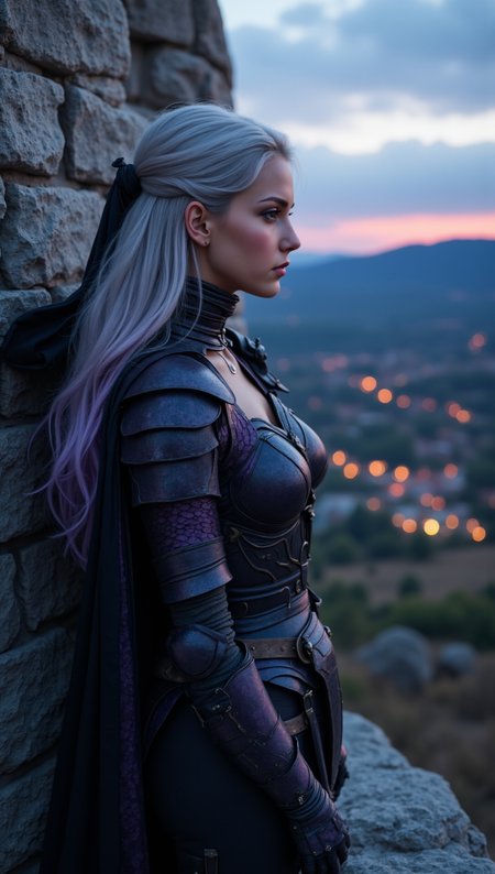 Candid, over-the-shoulder twilight shot of a photorealistic white woman with high cheekbones, dark violet eyes, and waist-length platinum-gray hair tied with black cord, standing atop a stone tower. She wears obsidian-and-violet plate with sculpted raven wings along the chest, sharp feathers forming the bustplate like a crown of shadows. Her cape billows in the wind. A thousand lights twinkle in the valley below, but she watches only the horizon — still, wise, alone.
Tags: photorealistic, raven armor, gothic realism, feather plate, tower setting, lone warrior queen, sharp silhouette, evening light, natural beauty

















fmlas-mk.1