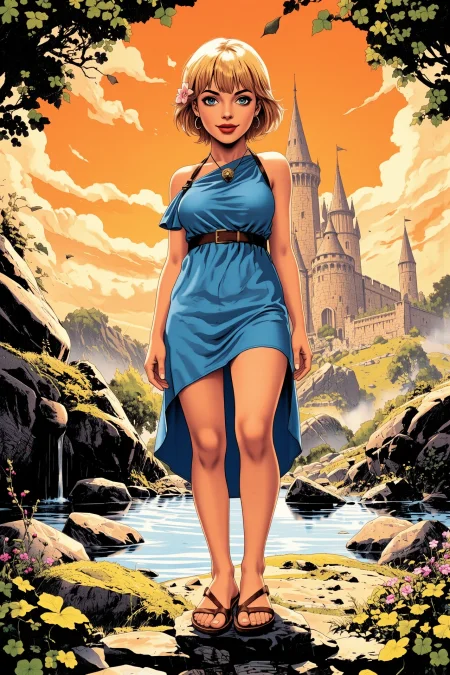 (young woman:1.2), (druid:1.2), illustration, pixie cut with bangs   natural blonde hair,  close-up portrait, (standing:0.9), full body, legs, loincloth, (sandals),  Sky Blue (druid clothes), flower in hair, semi-hoop earrings, celtic necklace, glossy lips, happy (smile:0.6), pretty beautiful, feminine, (nice lovely,adorable cute:0.8), sexy, (in love romantic loving:0.8), fantasy, (beautiful celtic landscape:0.9), (very detailed:1.2), (best quality:1.2), sharp focus, (big rocks:0.9), (moss:0.4), (ripples, reflections:0.8), celtic  castle, (small river small pond:0.5), druid forest, (druid village:1.2), (stunning nature environment:0.8) , (enchanted land:0.5), bright (sunny sky), (sunset:0.3), high contrast, natural light, backlight, shadows, (lens flare:0.4), (vibrant colors, colorful):0.6, clovers, (Blush Pink flowers:0.9), leaves, <lora:Hand v2:0.8> Detailed hand, Hand, Perfect hand <lora:Vintage comic book:1> <lora:Luminous_Shadowscape:0.3>