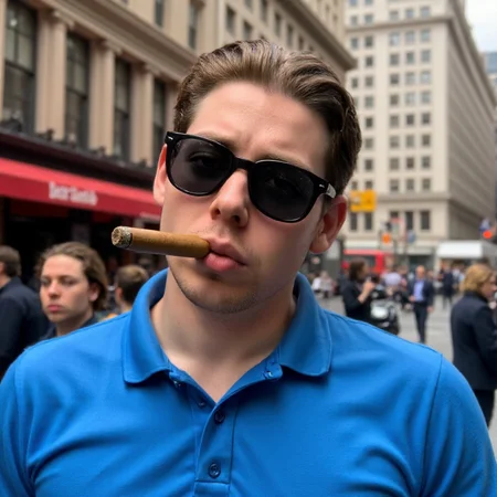 photo of Matthis Coleman wearing a blue polo shirt and wearing black sunglasses. He is smoking a cigar at New York City. 50mm photography. Bokeh Effect. Award winning photography  <lora:Matthis_Coleman_FLUX:1>