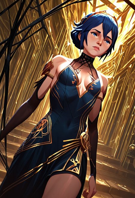 1girl, Lucina, (((regal yet revealing gown with fractured gold embroidery and void-black silk))), hair adorned with floating dark crystals, standing atop a collapsing bridge between Piltover and Zaun, reality warping around her, extreme close-up with a Dutch angle, eyes glowing with unstable power, surreal lighting, ultra-high detail, best quality
arcanstyle, 
(((Cowboy shot)))