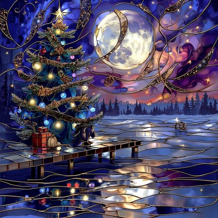purple and violet tones, sunset colors, inkpunk, shadows like webs covering a person sitting at the end of a pier on a frozen pond, a Christmas tree (lights, tinsel, ornaments, present beneath) is set up in the middle of the pond, dog asleep next to him, art style, shadows, Moon (huge, fancy glass ornament), landscape, surreal, ((at a distance)), snow, cold, sparkling points of frost and ice, moonlit, lonely, solitude