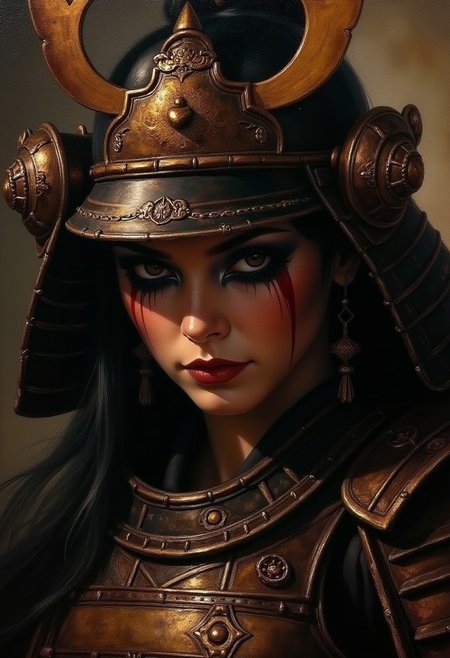 detailed renaissance oil painting, masterpiece, female japanese warrior in Armor, dramatic make-up, chiascuro, lighting on face closeup portrait