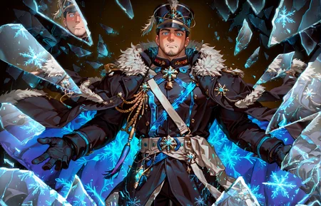 <lora:concept_hsBrokenGlass1llust:.9> broken glass,glass shards,glass,reflection,looking at viewer
<lora:face_Edwin__Alchemist_Code-000004:.7>, tagatameedwin, 1boy, black hair, dark blue eyes, short hair, solo, male focus, manly, bara, mature male, muscle body, shako hat, fur trim, snowflakes pin, coat, aiguillette, shirt, sash, gloves, glowing pattern, tassel, pants, boots,
cowboy shot, 
(very short hair, beard, bara, mature, facial hair, stubble, beard, full beard, sideburn, beard, a lot of beard, ), facial hair,male focus, muscular male, muscular male, bara, mature,  bara, mature, aixiwuganda_(20222192), very awa, masterpiece, best quality, absurdres, newest, perfect quality, detailed background, intricate details,
<lora:slider_Body Type_alpha1.0_rank4_noxattn_last:3><lora:Anime Summer Days 2 Style SDXL_LoRA_Pony Diffusion V6 XL:.6><lora:slider_cfg_scale_boost:.7><lora:Artist6p:.55>, Artist6p, Artist04p,<lora:slider_il_brightness_slider_d1:-1><lora:slider_il_contrast_slider_d1:-1><lora:slider_DarkSlider1.2_alpha1.0_rank16_full_300steps:-.6><lora:slider_contract_controller_illus01_v1:.5>,