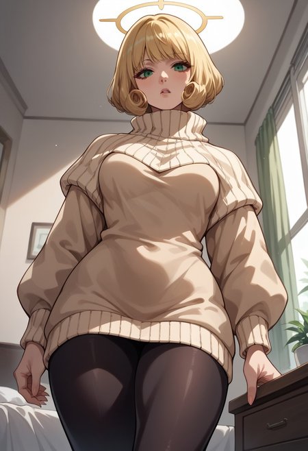 score_9_up, score_8_up, score_7_up, score_6_up, score_5_up, score_4, source_anime, 1girl, halo, blonde hair, short hair, bangs, curly hair, green eyes, beige sweater, black pantyhose,
solo, cinematic lighting, dynamic angle, unique angle, skin tight, looking at viewer, bedroom, medium breasts, big butt, hips, thighs, below view,