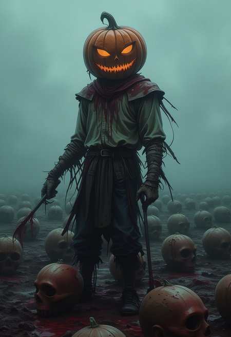 (((8k resolution))), (((absolute masterpiece))), (((best quality))), ultra detailed, score_9, score_8_up, score_7_up, eerie and dark atmosphere, a scarecrow with a large pumpkin head, jagged carved eyes and a sinister grin, standing in a blood-soaked field, cultivating rows of human heads with blood dripping from them, the scarecrow's tattered clothing flutters in the wind, sharp, claw-like hands holding farming tools, dim and foggy sky in the background, blood splattered on the ground, soft shading, subtle details, unsettling yet captivating scene.