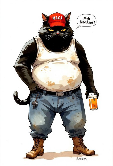 Watercolor painting of a chubby black cat wearing a dirty white tanktop and old jeans with work boots. Holding a beer in his hand. Wearing a red baseballcap with the text "MAGA" in white letters. Speech bubble "Muh freedoms"