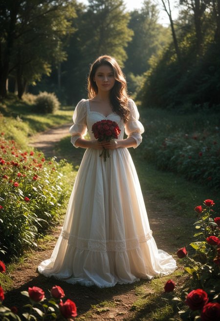 score_9, score_8_up, score_7_up, (age up:1.0) BREAK, (8k, RAW photo, highest quality), hyperdetailed photography, photorealistic,
(a valentine's card in victorian style), 
full body picture, one woman, melancholy picture of a pretty young woman mourning her lost love,
(twilight), melancholic mood, a field of red roses in the background, red and pink colors,
dynamic light, warm_light, vibrant colors warm_colors, soft focus, high contrast, textured surfaces, depth of field, golden hour lighting, dramatic shadows, rich details, nature-inspired color palette, playful composition, 
dynamic angle, dynamic light,
(cinematic lighting:1.3), (chromatic aberration), (4K image quality:1.3), (sharp detail:1.3), (highly realistic:1.3), (dim warm cinematic lighting:1.3).